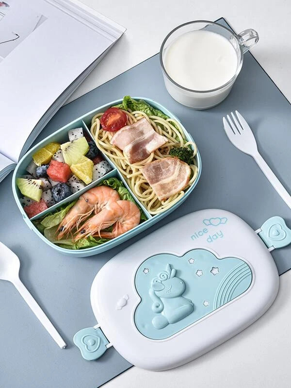 Portable 3 compartment Plastic Lunch Box with Unicorn Detail.