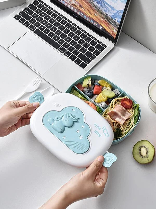 Portable 3 compartment Plastic Lunch Box with Unicorn Detail.